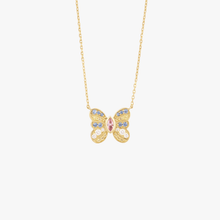 Load image into Gallery viewer, collier Papillon, or 18 carats, saphirs bleus, saphirs jaunes, saphir rose et diamants face