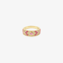 Load image into Gallery viewer, Ani bague 3 Rose en or 18K avec diamants salt & pepper, saphir rose face