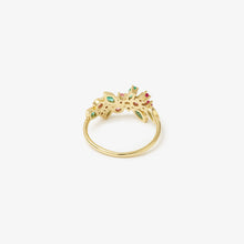 Load image into Gallery viewer, Bague camélia rose, or jaune, émeraudes, saphirs roses et rubis, dos