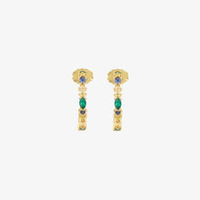 Load image into Gallery viewer, Boucles d'oreilles créoles Gaia or jaune, saphirs et émeraudes face