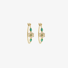 Load image into Gallery viewer, Boucle d'oreille créole Miniflower or jaune, émeraudes et diamants salt and pepper face