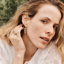 Load image into Gallery viewer, Rita Boucles d'oreilles 3 Turquoise, or jaune, turquoises, émeraudes, rubis, diamants salt & pepper, Porté