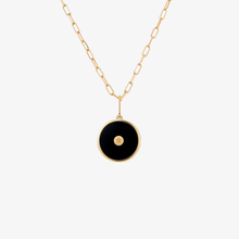 Load image into Gallery viewer, Sophie d'Agon, Selene collier or jaune 18 carats, onyx, diamants blancs, émeraude, dos