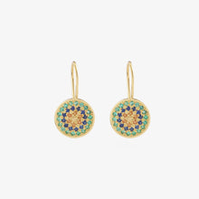 Charger l'image dans la visionneuse de la galerie, Boucles d'oreilles Yellowstone 3 vertes or jaune, émeraudes et saphirs multicolores face