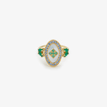 Load image into Gallery viewer, Bague Athéna 2 bleue or jaune, émail, saphirs et émeraudes face