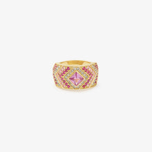 Load image into Gallery viewer, Bague Ani 2 Rose, or jaune, saphirs roses, diamants "salt and pepper", rubis face

