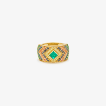 Load image into Gallery viewer, Bague Ani 2 verte, or jaune, diamants noirs, émeraudes, saphirs bleus, jaunes et cognac face
