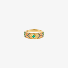 Load image into Gallery viewer, Bague Ani 3 Verte en or 18k avec émeraudes, diamants noirs, saphirs cognacs et jaunes face
