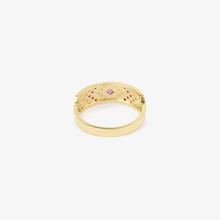 Load image into Gallery viewer, Ani bague 3, or jaune 18 carats, saphirs roses, diamants blancs, rubis, dos
