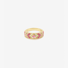 Load image into Gallery viewer, Ani bague 3, or jaune 18 carats, saphirs roses, diamants blancs, rubis, face
