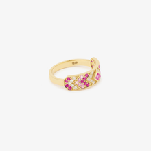Load image into Gallery viewer, Ani bague 3 Rose en or 18K avec diamants salt &amp; pepper, saphir rose profil
