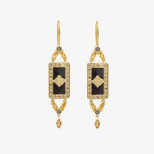 Load image into Gallery viewer, Boucles d'oreilles Ava or jaune, émail noir, diamants noirs et champagne, saphirs jaunes face
