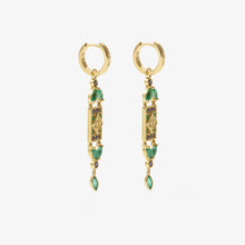 Load image into Gallery viewer, Boucles d'oreilles Ava, or jaune, émeraudes, diamants noirs er saphirs jaunes profil
