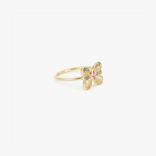 Load image into Gallery viewer, Bague Papillon or jaune 18 carats, saphirs bleus, saphirs jaunes, saphir rose et diamants, profil
