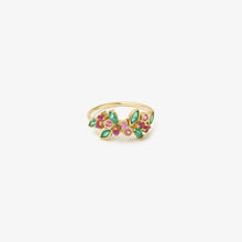 Load image into Gallery viewer, Bague camélia rose, or jaune, émeraudes, saphirs roses et rubis, face
