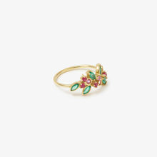 Load image into Gallery viewer, Bague camélia rose, or jaune, émeraudes, saphirs roses et rubis, profil
