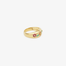 Load image into Gallery viewer, Maxiflower Bague Crocus en or jaune 18 carats avec éméraudes, saphirs roses, rubis, saphirs bleus et saphir jaune profil
