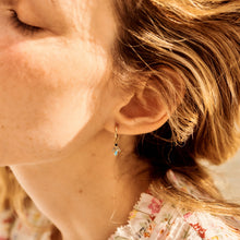 Load image into Gallery viewer, mini boucle d'oreilles luciole turquoise or jaune turquoise naturelle porté 1

