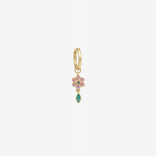 Load image into Gallery viewer, Mini Boucle d'oreilles 2 Lilas or jaune 18 carats, saphirs roses, saphir lavande, émeraude face
