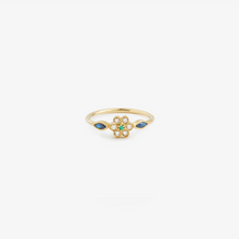 Load image into Gallery viewer, Bague Miniflower 1 bleue or jaune, diamants salt and pepper, saphirs bleus et émeraude face
