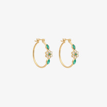 Load image into Gallery viewer, Boucle d'oreille créole Miniflower or jaune, émeraudes et diamants salt and pepper profil
