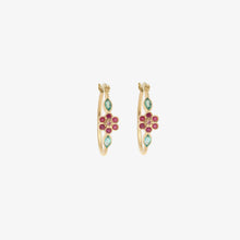 Load image into Gallery viewer, Boucle d'oreille créole Miniflower or jaune, rubis, émeraudes et saphirs rose face
