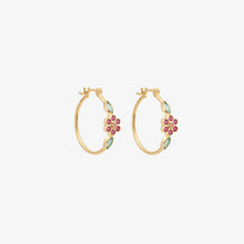 Load image into Gallery viewer, Boucle d'oreille créole Miniflower or jaune, rubis, émeraudes et saphirs rose profil
