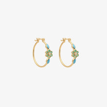 Load image into Gallery viewer, Boucles d'oreilles créoles Miniflower or jaune, émeraudes, turquoises et diamants salt and pepper profil
