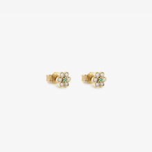 Load image into Gallery viewer, Puces d'oreilles Miniflower 4 brume, or jaune, diamants champagne et émeraudes profil
