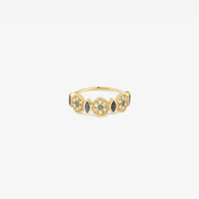 Load image into Gallery viewer, Bague Nymphéa 2 brume or jaune, diamants salt and pepper, émeraudes et saphirs bleus face
