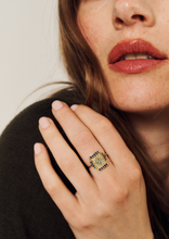 Load image into Gallery viewer, Bague Paloma 1 bleue or jaune, saphirs bleus et jaunes et émeraudes porté 2
