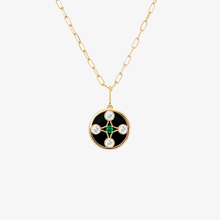Load image into Gallery viewer, Sophie d'Agon, Selene collier or jaune 18 carats, onyx, diamants blancs, émeraude, face
