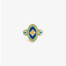 Load image into Gallery viewer, Bague Athéna 2 turquoise or jaune, émail, saphirs, émeraudes et turquoises face
