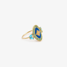 Load image into Gallery viewer, Bague Athéna 2 turquoise or jaune, émail, saphirs, émeraudes et turquoises profil
