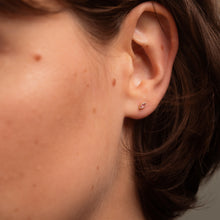 Load image into Gallery viewer, Sophie d'Agon , Puce d'oreilles Georgia 1 Rose , or recyclé , or jaune 18K , saphir rose , portée
