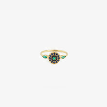 Load image into Gallery viewer, Bague Luna 1 verte or jaune, émail noir, émeraudes et saphirs bleus face
