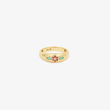 Load image into Gallery viewer, Bague Miniflower, or 18 carats, émeraude, rubis et saphir, face
