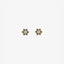 Load image into Gallery viewer, Puces d'oreilles Miniflower 4 bleues, or jaune, saphirs bleus et diamants champagne face
