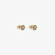 Load image into Gallery viewer, Puces d'oreilles Miniflower 4 bleues, or jaune, saphirs bleus et diamants champagne profil
