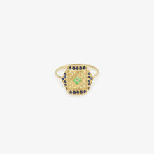 Load image into Gallery viewer, Bague Paloma 1 bleue or jaune, saphirs bleus et jaunes et émeraudes face
