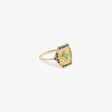 Load image into Gallery viewer, Bague Paloma 1 bleue or jaune, saphirs bleus et jaunes et émeraudes profil
