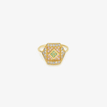 Load image into Gallery viewer, Bague Paloma 1 rose or jaune, émeraudes, saphirs bleus et roses face
