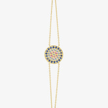 Load image into Gallery viewer, Bracelet Yellowstone or jaune, saphirs bleu ciel, bleu marine et roses face
