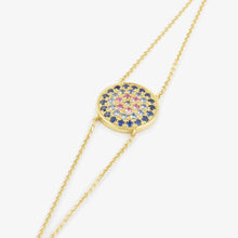 Load image into Gallery viewer, Bracelet Yellowstone or jaune, saphirs bleu ciel, bleu marine et roses profil

