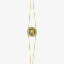 Load image into Gallery viewer, Bracelet Yellowstone or jaune, saphirs bleus, cognac, jaune et émeraudes face
